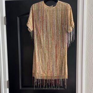 Nasty Gal Champagne Beaded Fringe Mini Dress